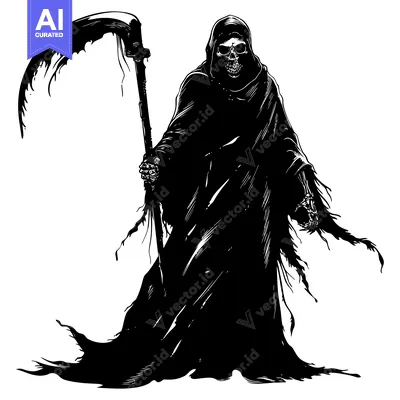 Aset premium populer: Grim Reaper with Scythe in Black and White Silhouette