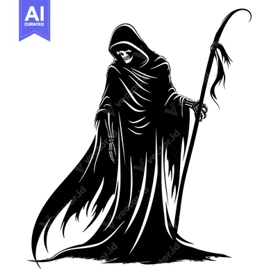 Aset desain premium: Grim Reaper Silhouette with Scythe Holding a Long Staff