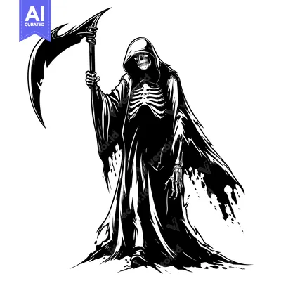 Aset desain premium: Grim Reaper with a Scythe, in a Hooded Robe