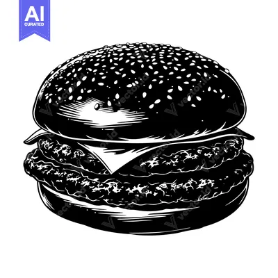 Popular premium asset: Black and White Illustration of a Double-Stacked Burger with Sesame Se