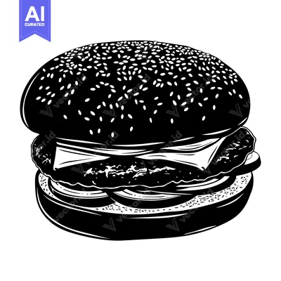 Aset premium populer: Black and White Illustration of a Sesame Seed Burger