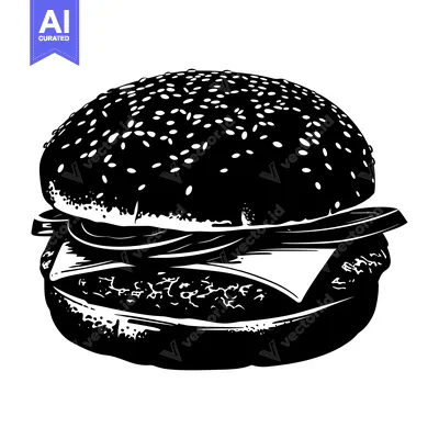 Aset premium populer: Black and White Illustration of a Sesame Seed Burger