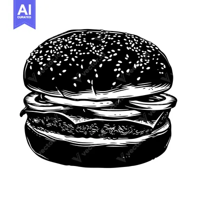 Black and White Illustration of a Sesame Seed Burger