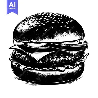 Premium design asset: Black and White Illustration of a Hamburger with Sesame Seed Bun