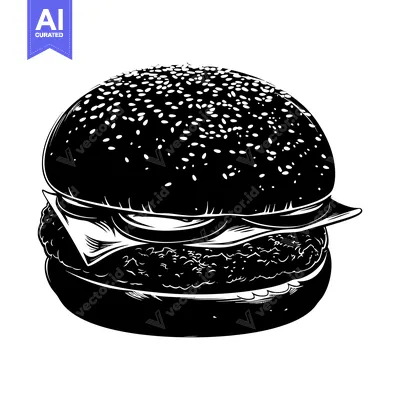 Aset premium populer: Black and White Illustration of a Sesame Seed Burger