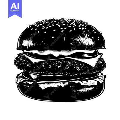 Popular premium asset: Black and White Illustration of a Burger with Sesame Seed Bun