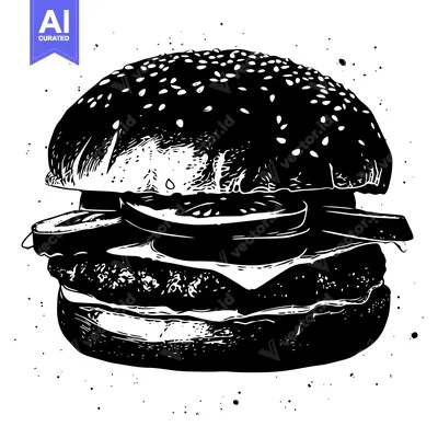 Black and White Illustration of a Juicy Hamburger