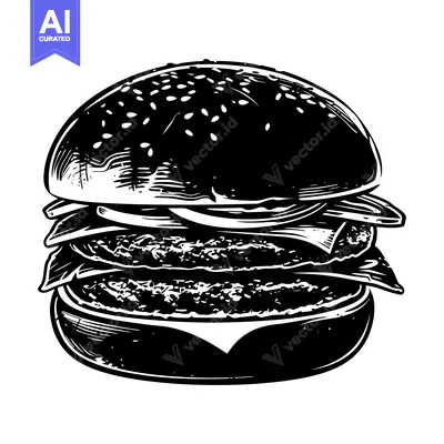 Aset premium populer: Black and White Illustration of a Sesame Seed Burger