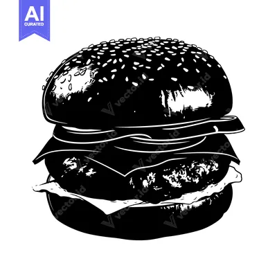 Black and White Illustration of a Hamburger with Sesame Seed Bun