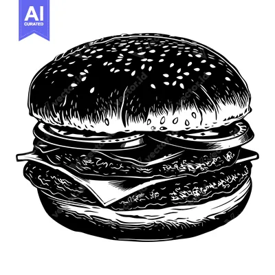Aset desain premium: Black and White Illustration of a Cheeseburger with Sesame Seed Bun