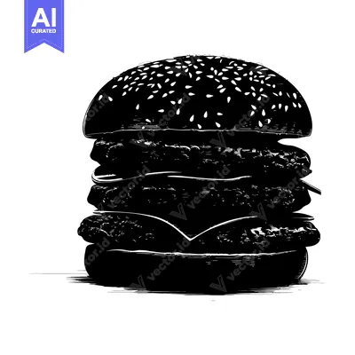 A Black and White Illustration of a Triple-Stacked Hamburger with Sesa
