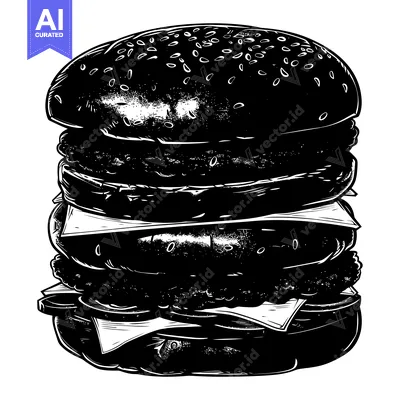 Aset desain premium: Black and White Illustration of a Tall Stacked Hamburger