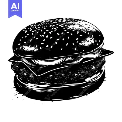 Aset desain premium: Black and White Illustration of a Sesame Seed Burger