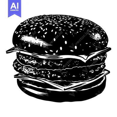 Premium design asset: Black and White Illustration of a Double-Decker Cheeseburger