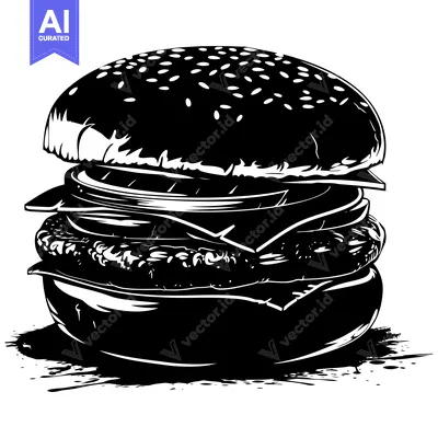 Aset desain premium: Black and White Silhouette of a Juicy Hamburger