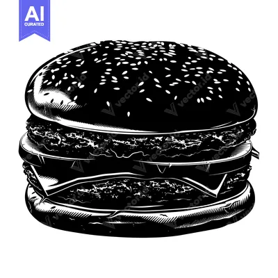 Aset desain premium: Black and White Illustration of a Double-Decker Hamburger with Sesame
