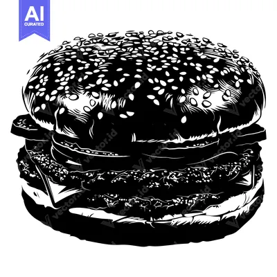 Aset premium populer: Black and White Illustration of a Sesame Seed Burger