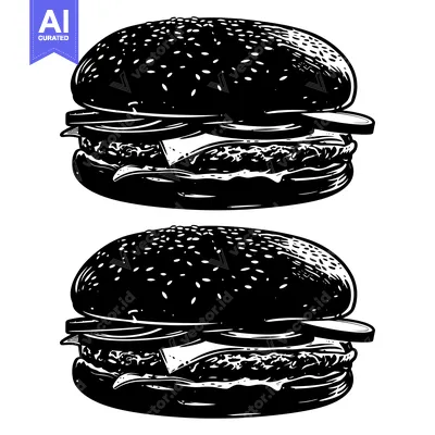 Aset premium populer: Two Black and White Illustrations of a Sesame Seed Burger
