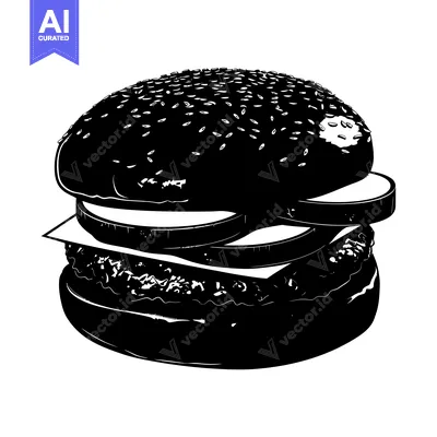 Premium design asset: Black and White Silhouette of a Hamburger with Sesame Seed Bun and Tom
