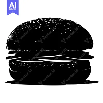 Aset desain premium: Black and White Silhouette of a Burger with Sesame Seed Bun