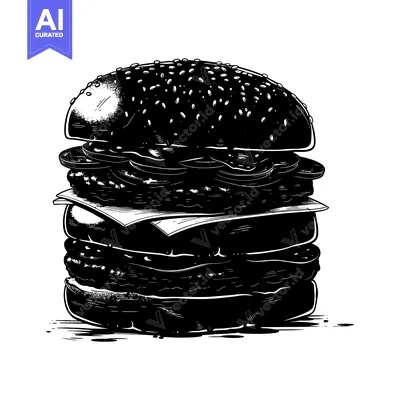 Aset desain premium: A Tall, Detailed Black and White Silhouette of a Hamburger