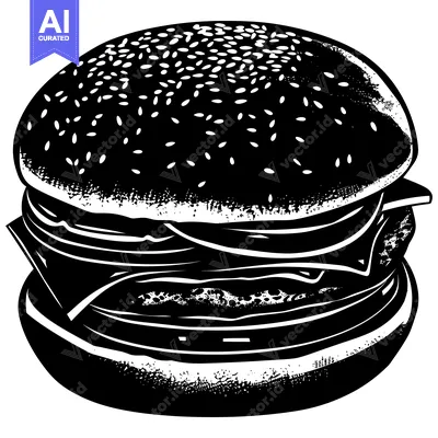 Black and White Illustration of a Sesame Seed Burger