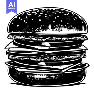 Black and White Illustration of a Large, Detailed Hamburger