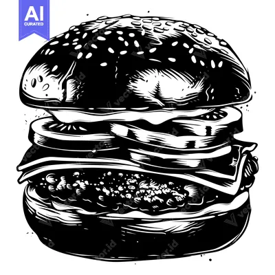 Premium design asset: A Black and White Illustration of a Hamburger with Sesame Seed Bun
