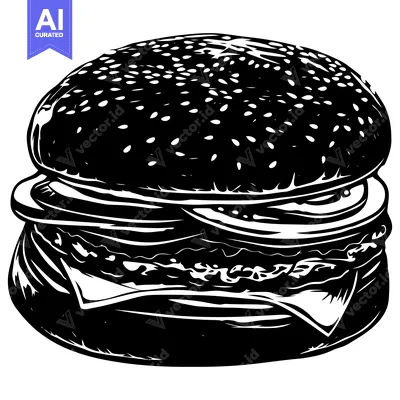 Aset premium populer: A Black and White Illustration of a Burger