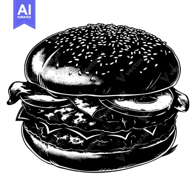 Black and White Illustration of a Hamburger with Sesame Seed Bun