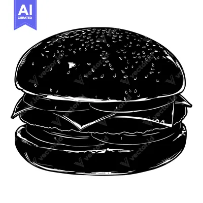 Black and White Silhouette of a Hamburger with Sesame Seed Bun