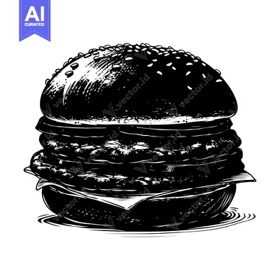 Black and White Illustration of a Large, Detailed Hamburger
