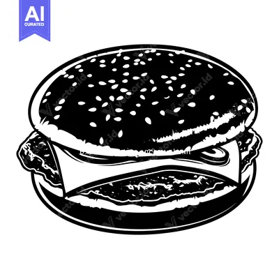 Black and White Illustration of a Cheeseburger with Sesame Seed Bun