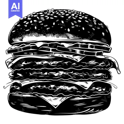 A Black and White Illustration of a Stacked Burger with Sesame Seed Bu