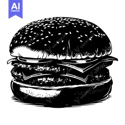 A Black and White Illustration of a Double Cheeseburger with Sesame Se