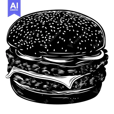 Black and White Illustration of a Cheeseburger with Sesame Seed Bun
