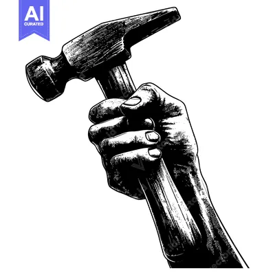 Aset desain premium: A Hand Holding a Hammer in a Black and White Illustration
