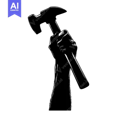 A Black and White Silhouette of a Hand Holding a Hammer Raised High