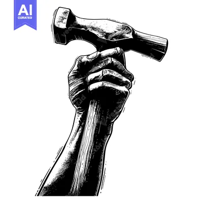 Hand Holding a Hammer in a Black and White Drawing