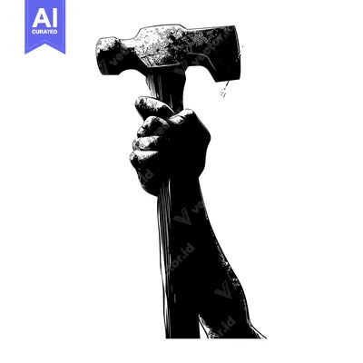 Aset desain premium: A Hand Holding a Hammer in a Black and White Illustration