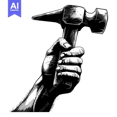 Aset premium populer: Black and White Illustration of a Hand Holding a Hammer