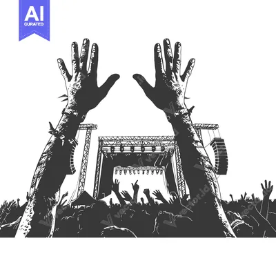 Aset desain premium: Crowd of Silhouettes with Raised Hands at a Concert