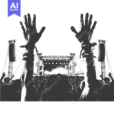 Aset desain premium: Silhouette of Two People with Raised Hands in Front of a Stage at a Co