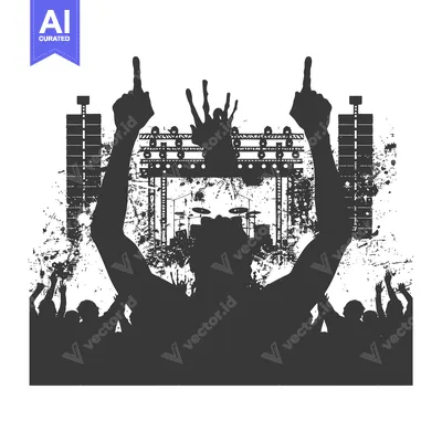 Silhouette of a Person with Raised Hands at a Concert with a Crowd and