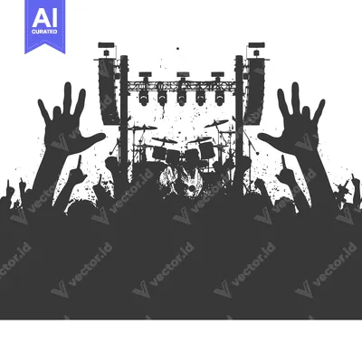 Premium design asset: Silhouette of a Crowd at a Concert with a Drum Set and Stage Lighting