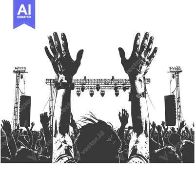 Aset desain premium: Silhouette of a Crowd at a Music Concert with Raised Hands