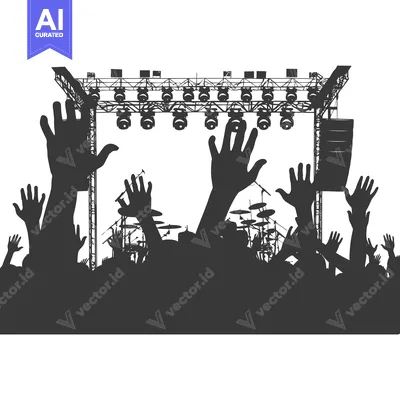 Aset desain premium: Silhouettes of Concertgoers with Raised Hands in Front of a Stage