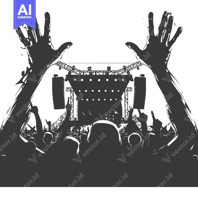 Aset desain premium: Silhouette of a Concert Crowd With Raised Hands in Front of a Stage