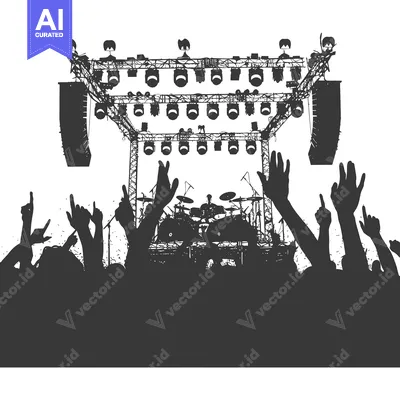 Popular premium asset: Silhouettes of a crowd cheering at a concert with a stage and lights