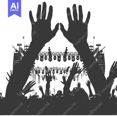 Aset premium populer: Silhouette of a crowd with hands raised in front of a stage with light